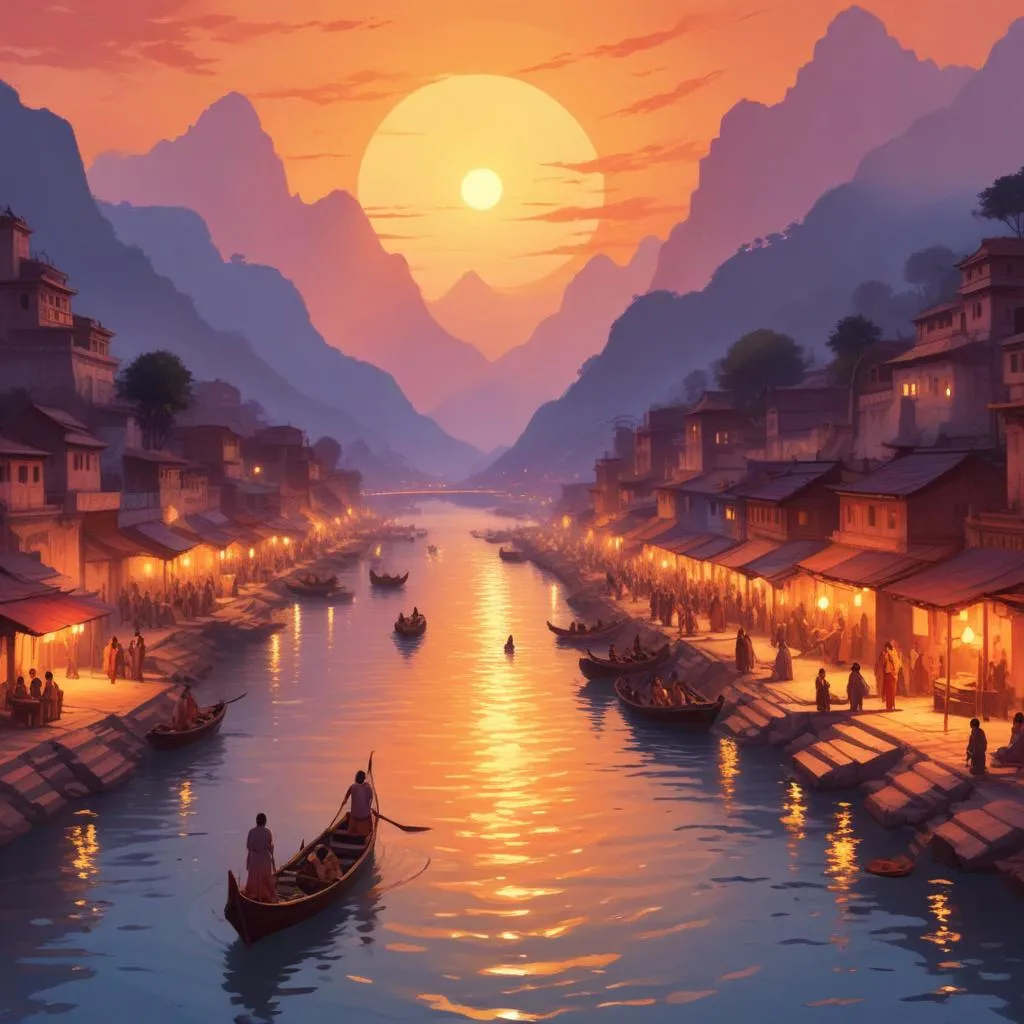 The sacred Ganges river at sunset, symbolizing flow of time and destiny