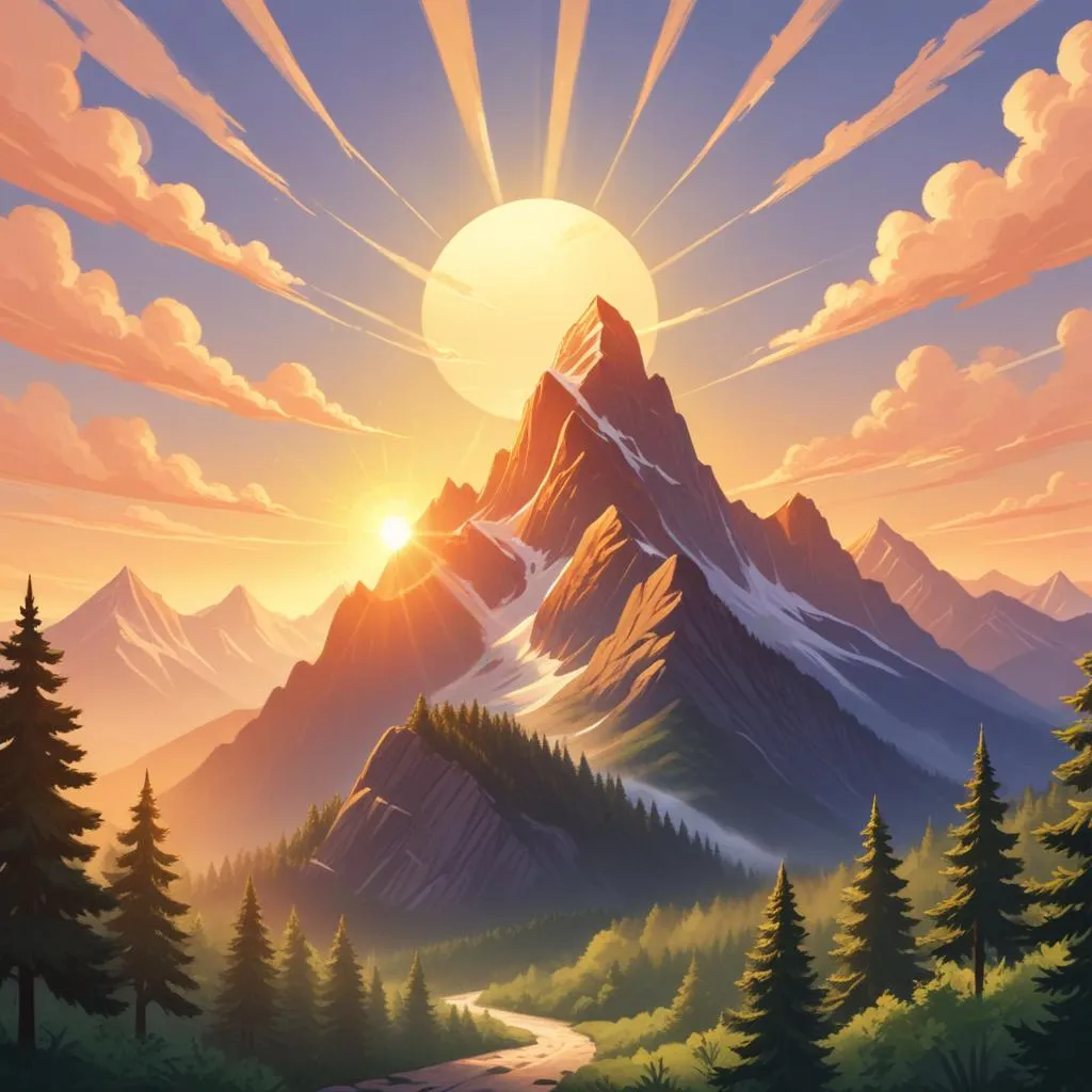 The sun rising over a majestic mountain peak, symbolizing victory and new beginnings