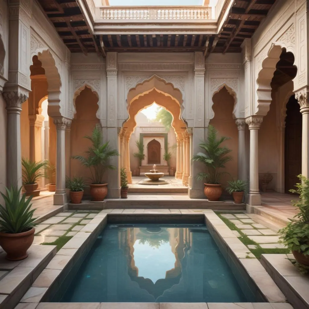 Traditional Indian courtyard with reflective water features and architectural symmetry