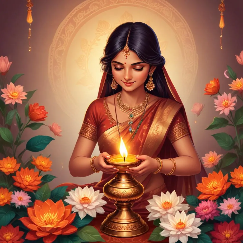 Traditional Indian oil lamp ceremony with floral decorations