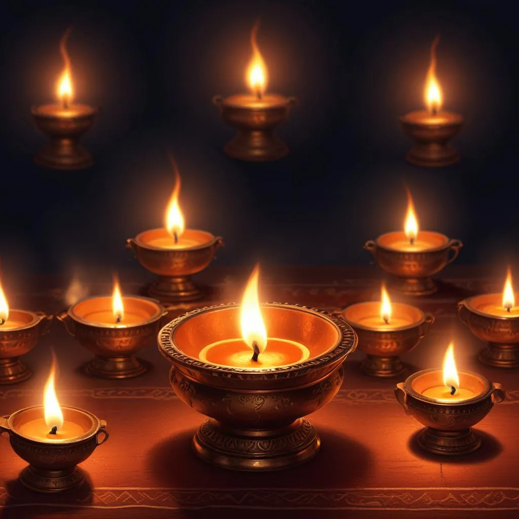 Traditional Indian oil lamps glowing in dim light