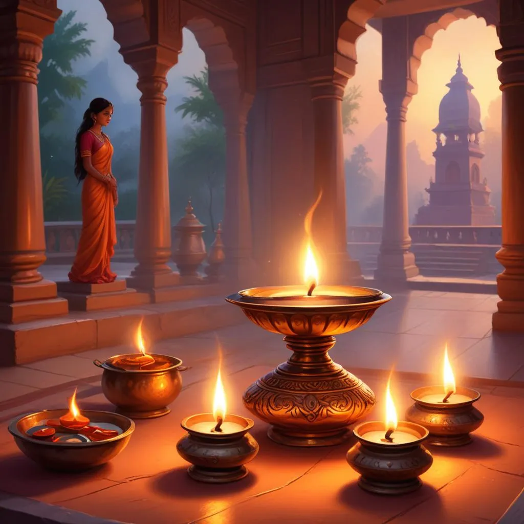 Traditional Indian oil lamps glowing in temple setting