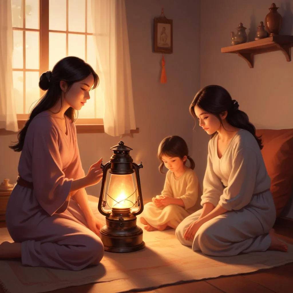 Traditional oil lamp casting warm light in a peaceful space