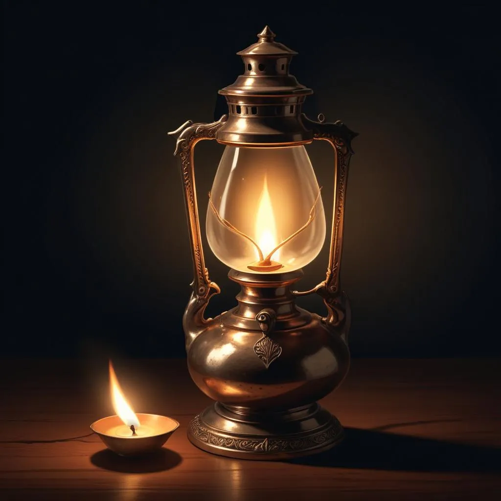 Traditional oil lamp glowing in a dark room