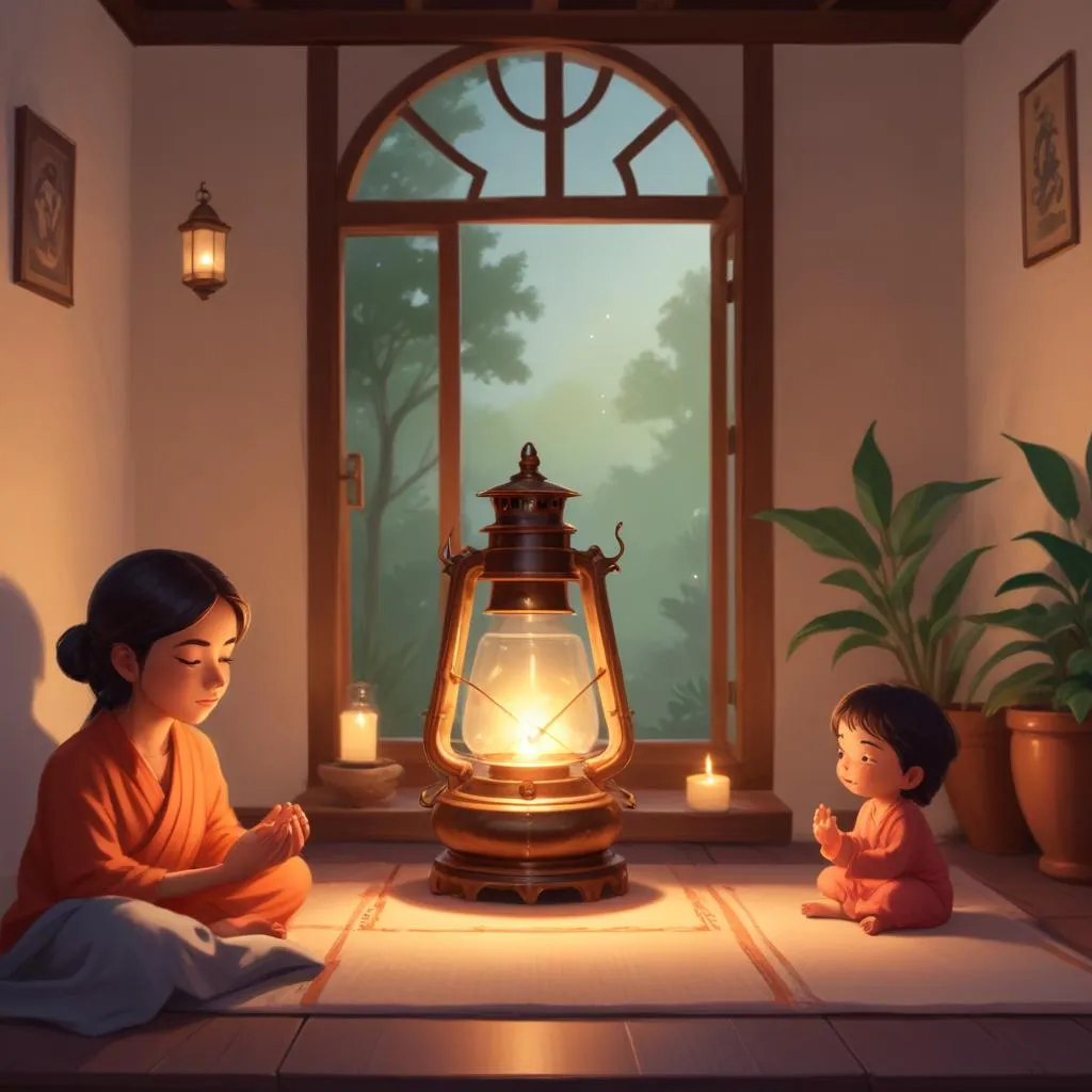 Traditional oil lamp illuminating a meditation space
