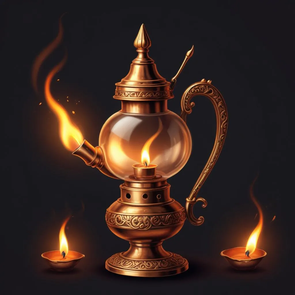 Traditional oil lamp with flame against dark background