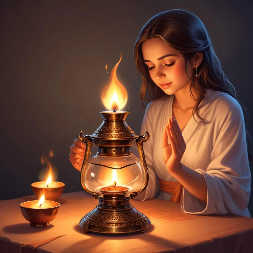 Traditional oil lamp with flame during prayer