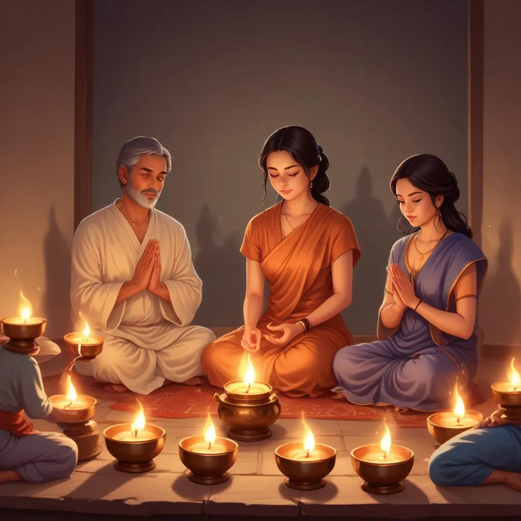 Traditional oil lamps arranged for prayer and meditation