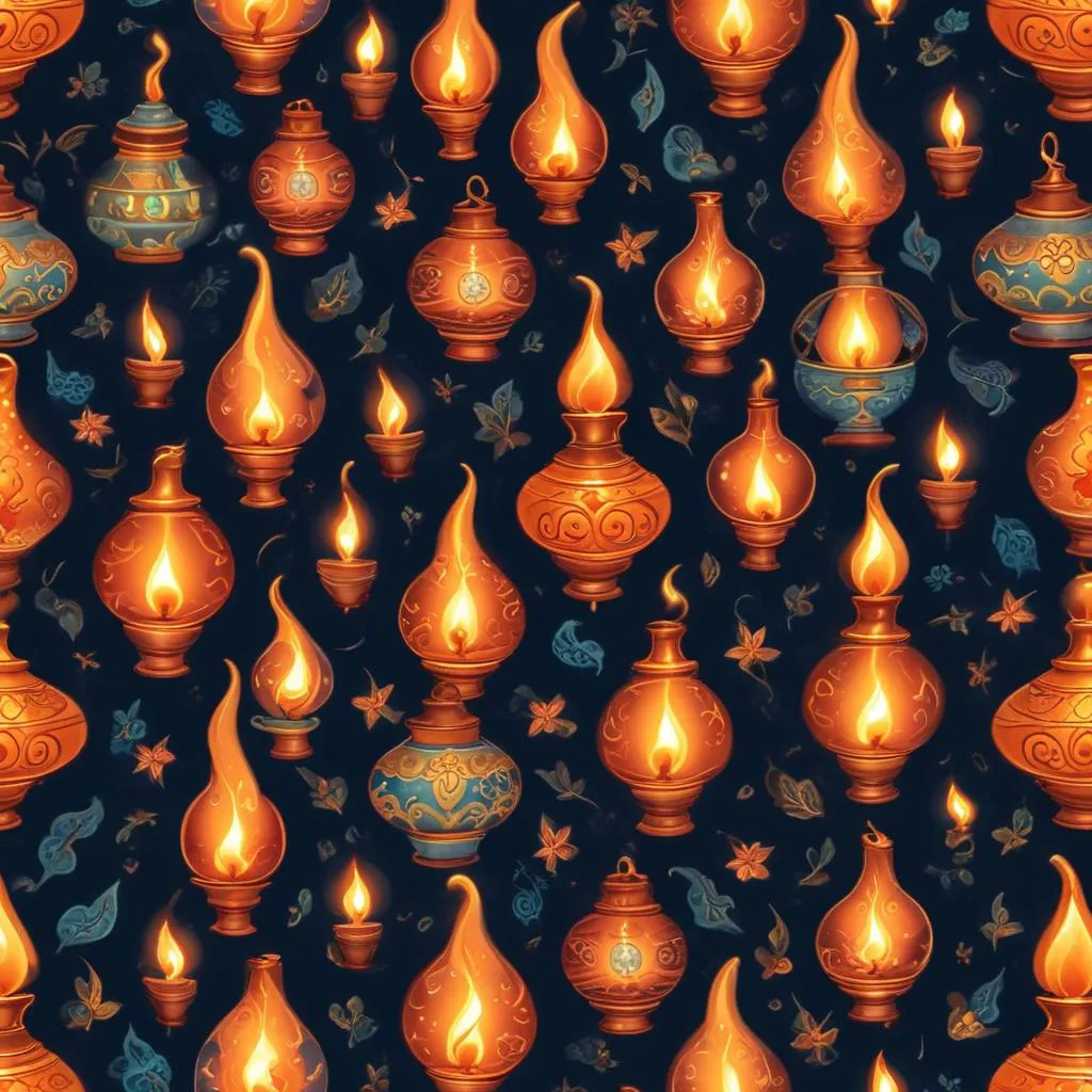 Traditional oil lamps arranged in a spiritual pattern