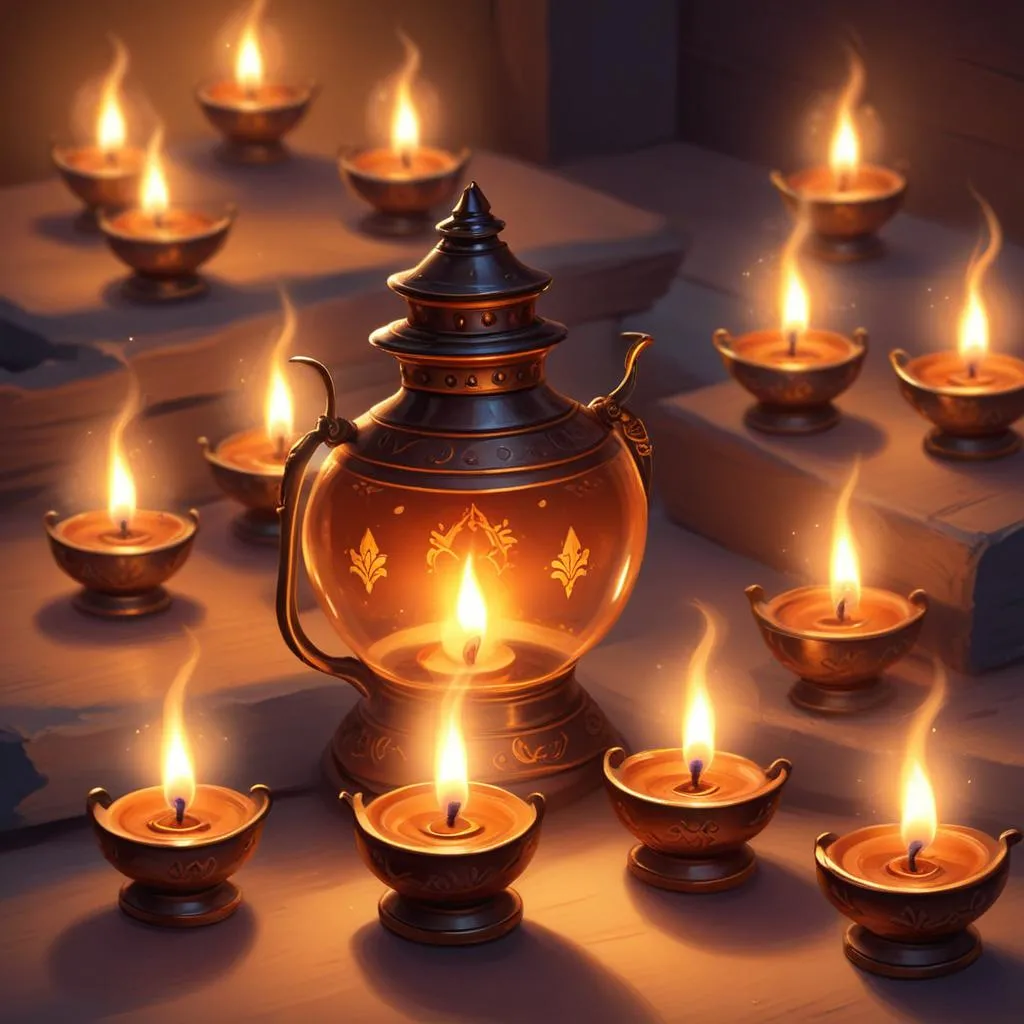 Traditional oil lamps creating a spiritual ambiance