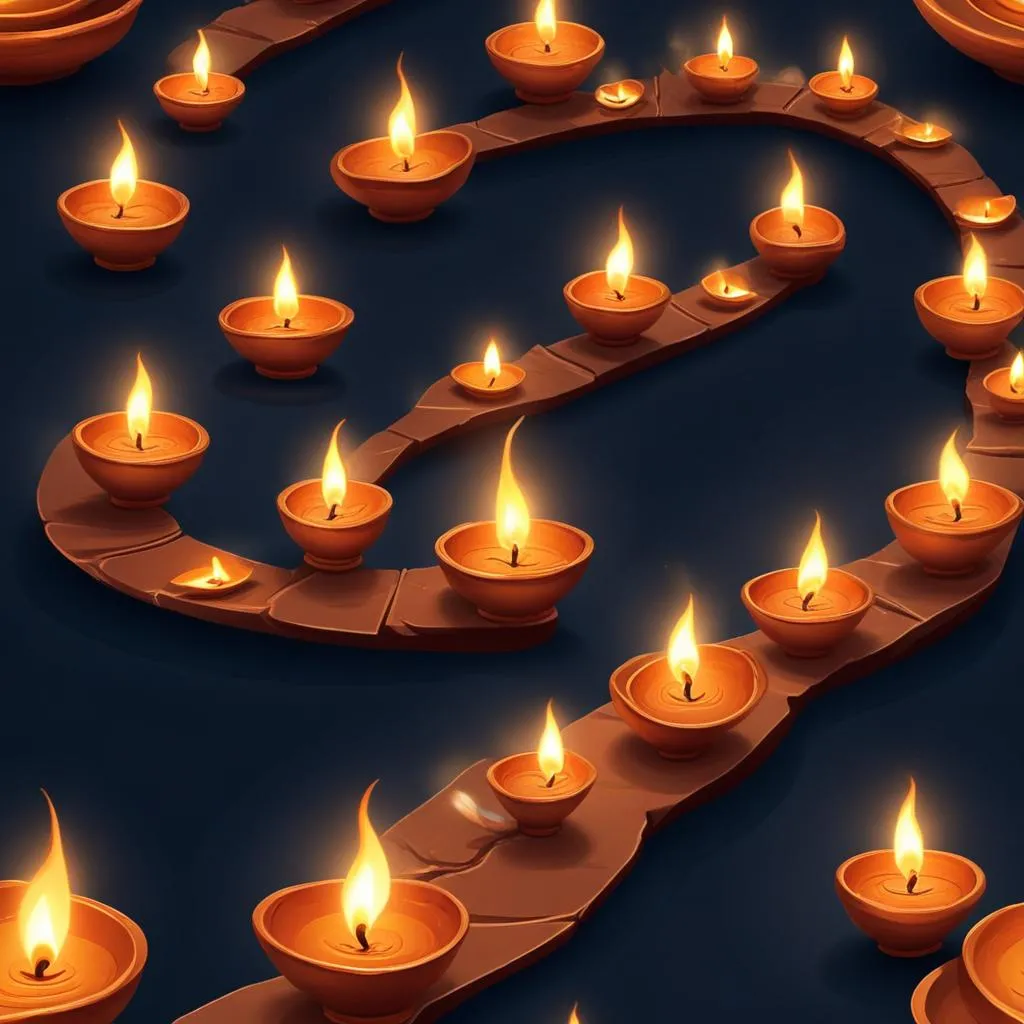 Traditional oil lamps (diyas) creating a path of light