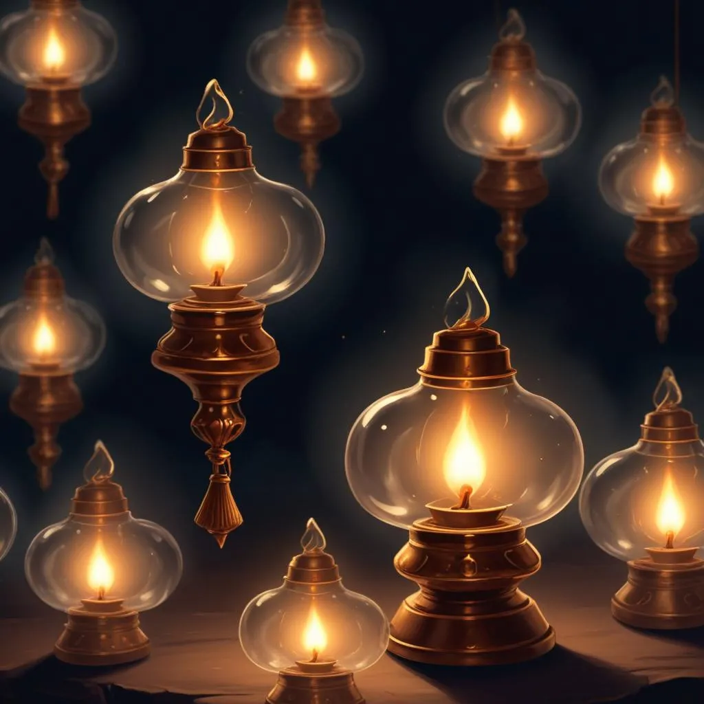 Traditional oil lamps glowing in a dim space, representing unwavering vows and devotion