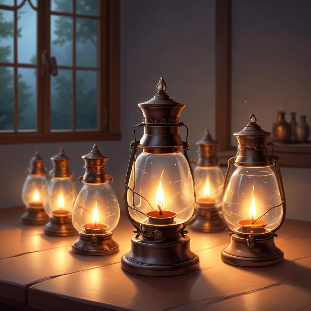 Traditional oil lamps illuminating a peaceful spiritual space