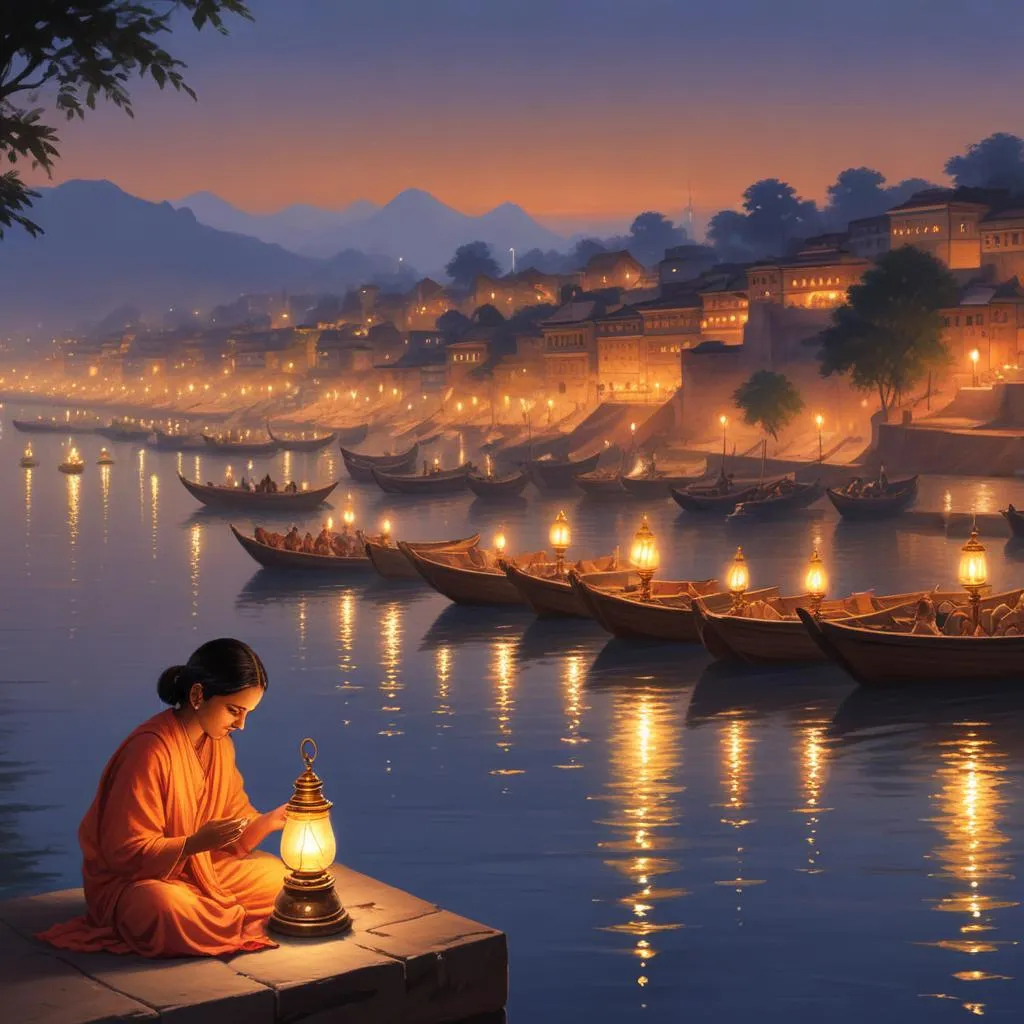 Traditional prayer lamps along river ghats at dusk