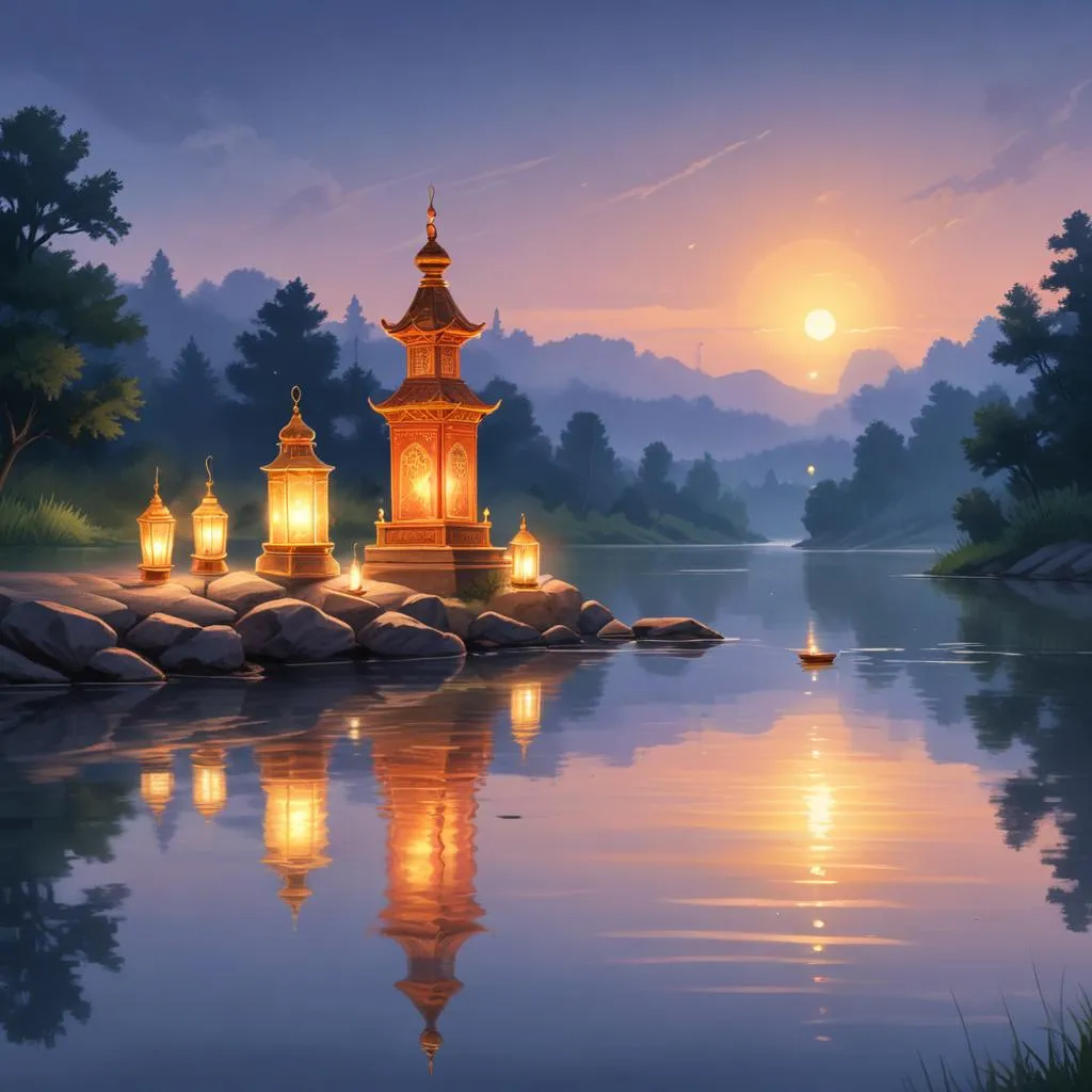 Traditional prayer lamps floating on a calm river at dusk