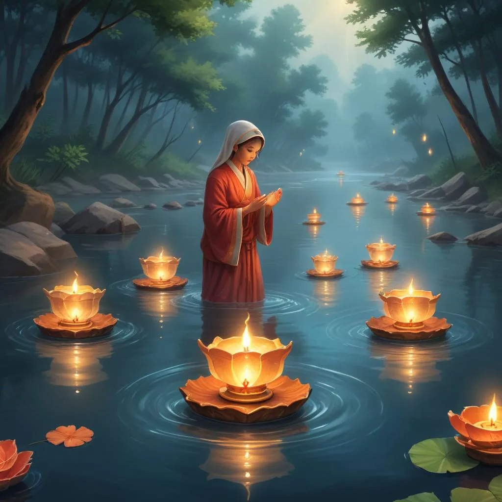 Traditional prayer lamps floating on sacred river waters