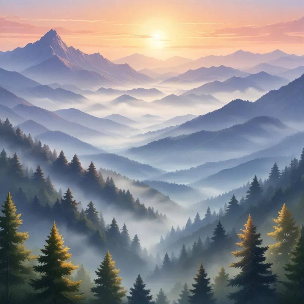 Tranquil view of a misty mountain range at sunrise, symbolizing higher perspective